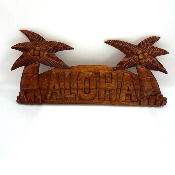Handmade Other - Hawaiian Aloha Hand Made Wall Hanging Decor Plaque Wood Carving Sign Palm Tree